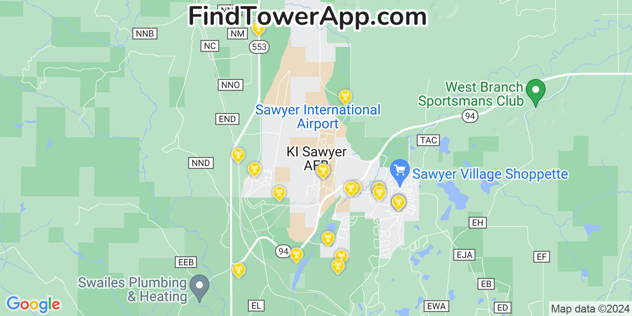 AT&T 4G/5G cell tower coverage map K. I. Sawyer Air Force Base, Michigan