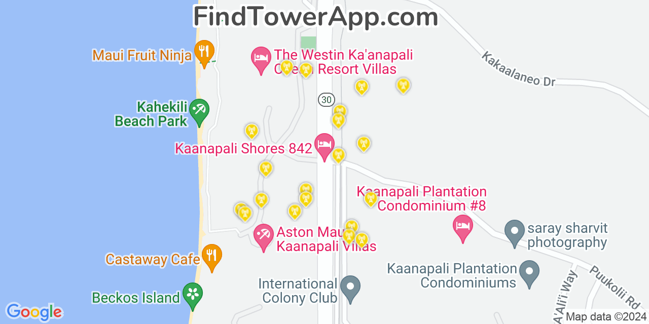 AT&T 4G/5G cell tower coverage map Kā‘anapali, Hawaii