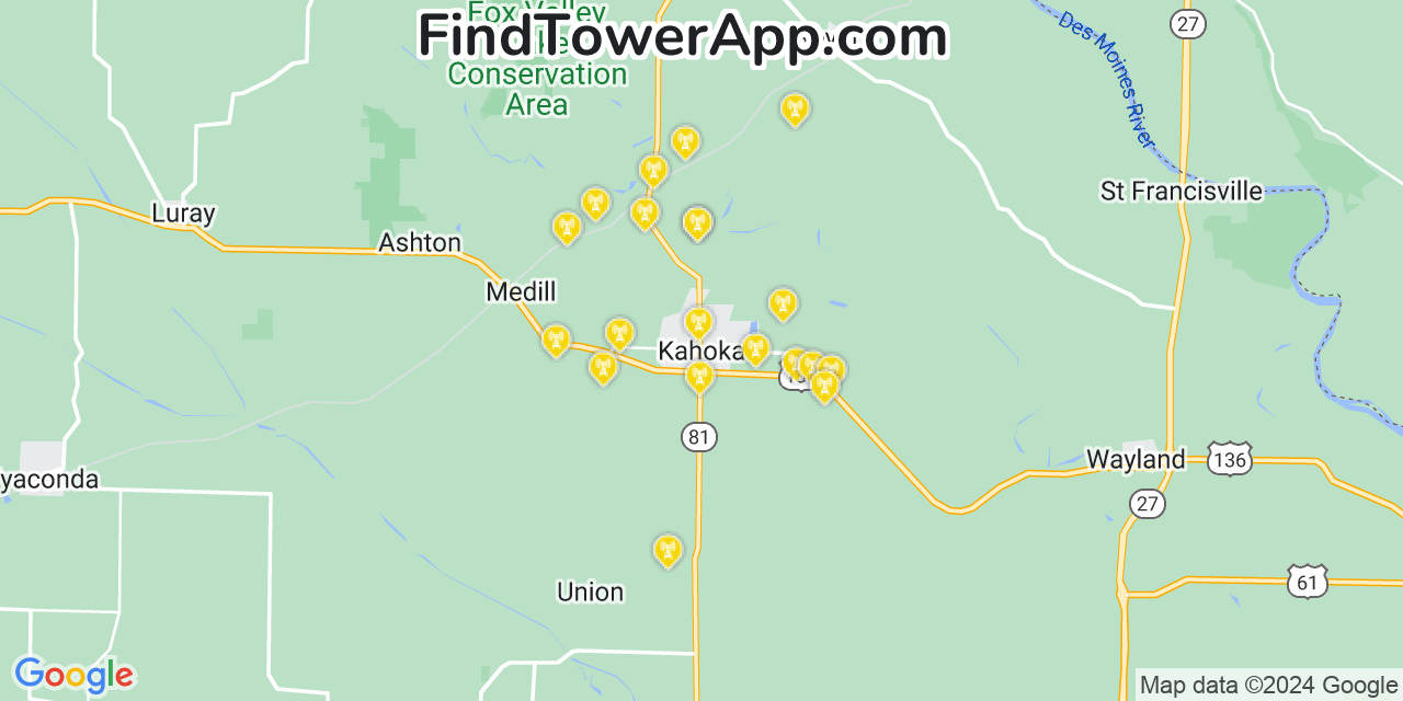 AT&T 4G/5G cell tower coverage map Kahoka, Missouri