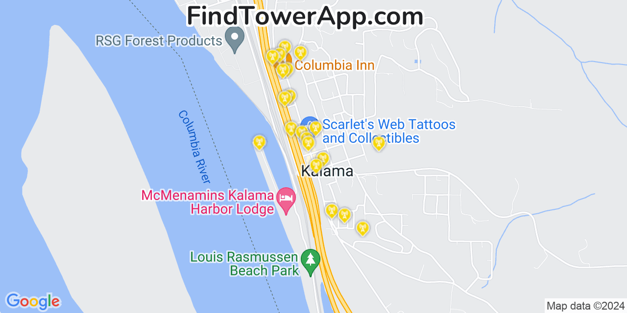 AT&T 4G/5G cell tower coverage map Kalama, Washington