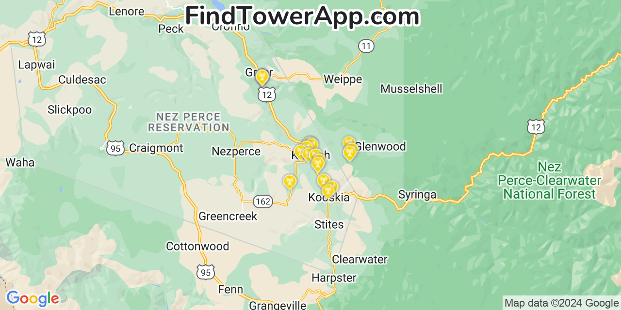 AT&T 4G/5G cell tower coverage map Kamiah, Idaho