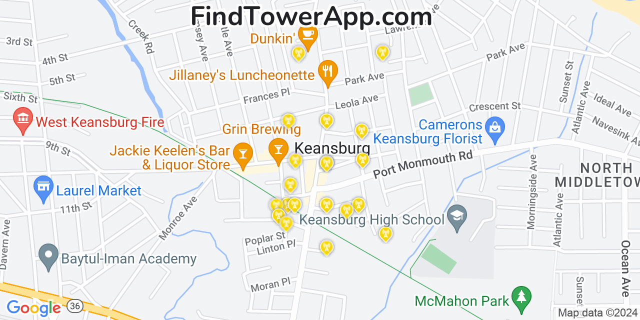 AT&T 4G/5G cell tower coverage map Keansburg, New Jersey