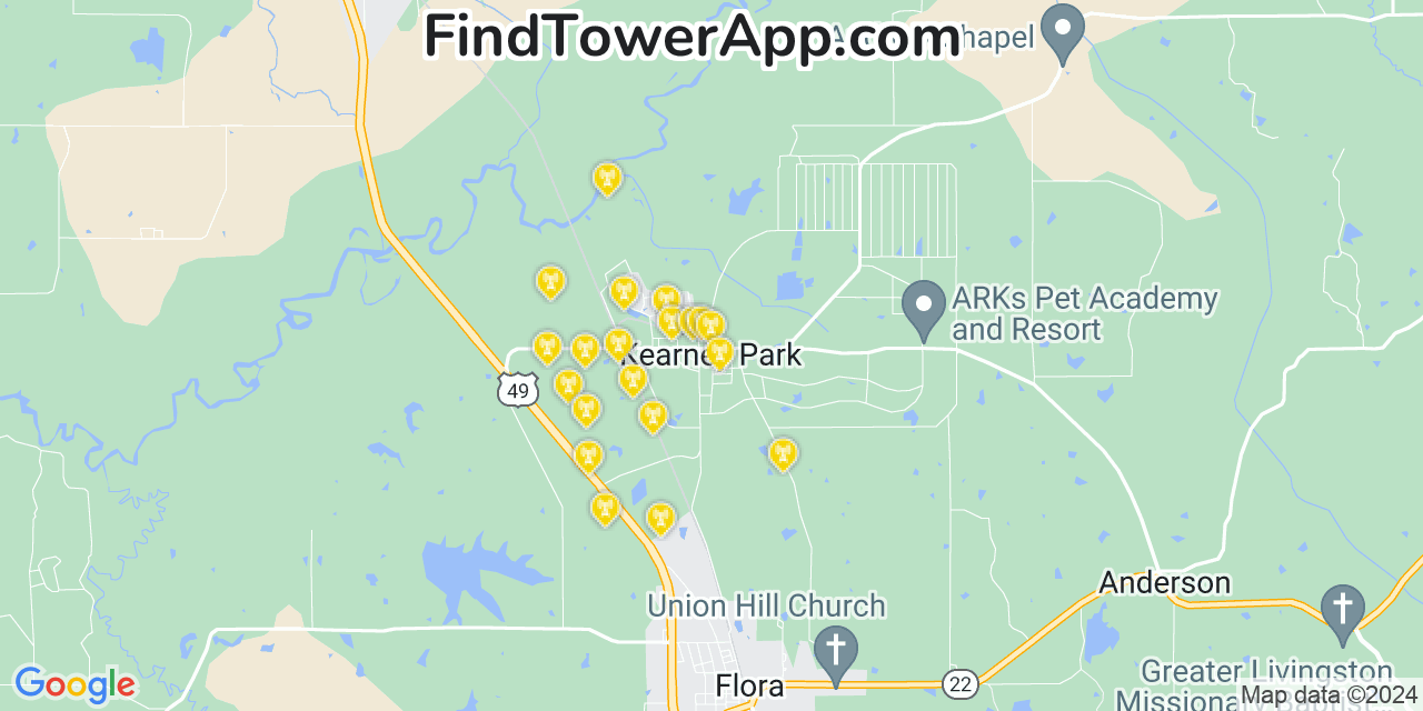 AT&T 4G/5G cell tower coverage map Kearney Park, Mississippi