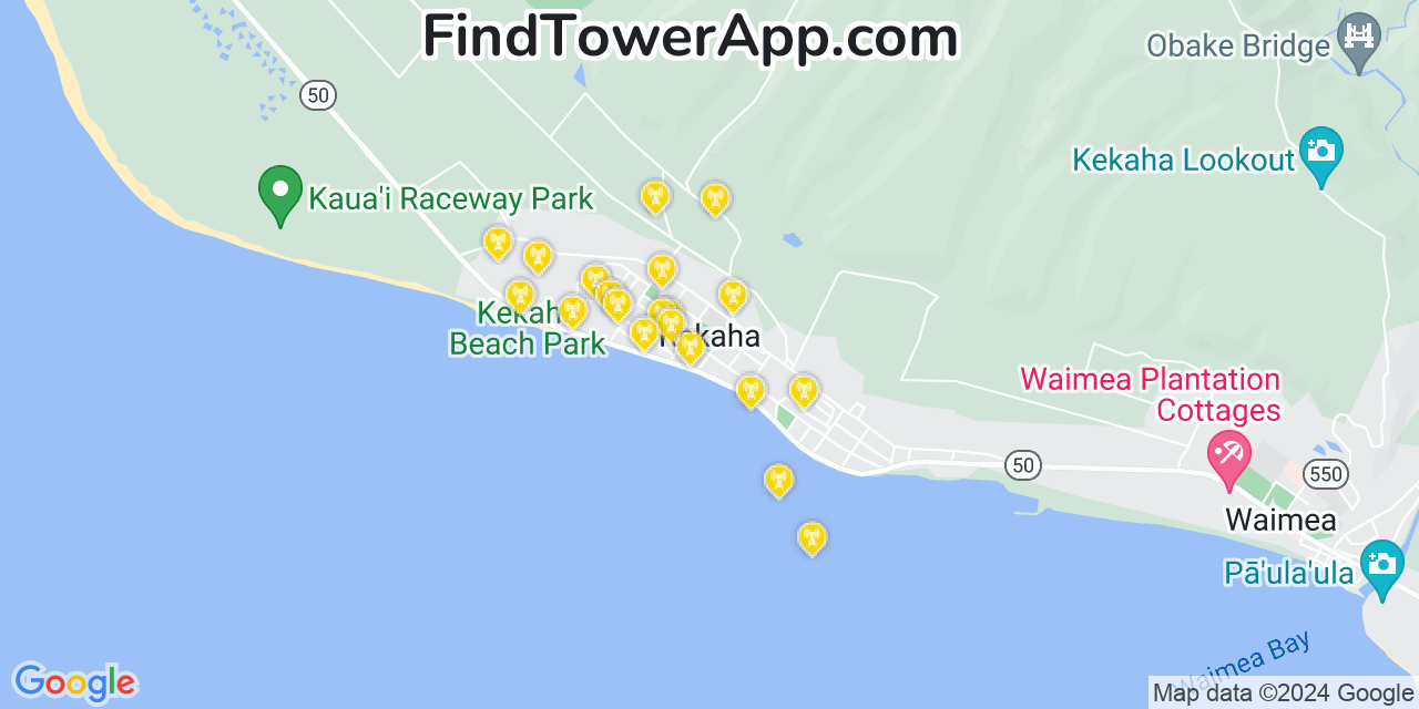 AT&T 4G/5G cell tower coverage map Kekaha, Hawaii