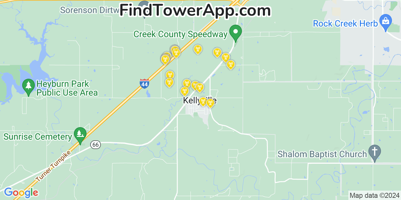 AT&T 4G/5G cell tower coverage map Kellyville, Oklahoma