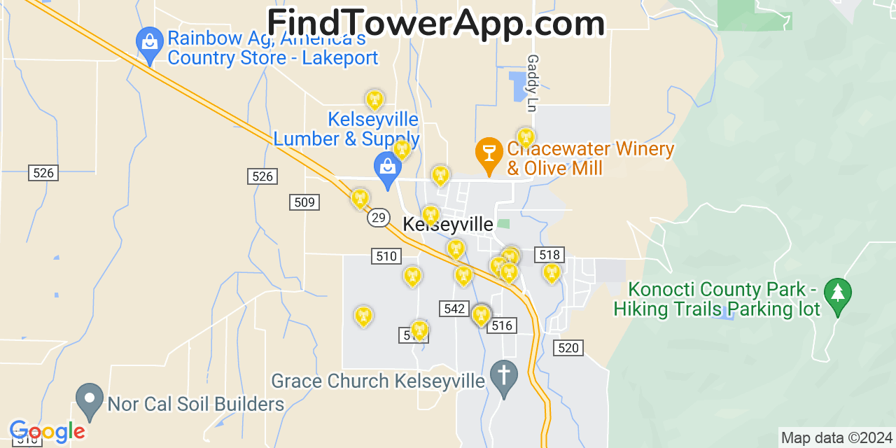 AT&T 4G/5G cell tower coverage map Kelseyville, California