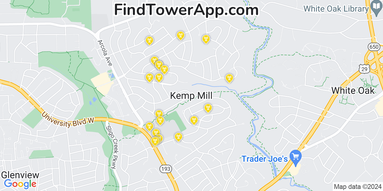 AT&T 4G/5G cell tower coverage map Kemp Mill, Maryland