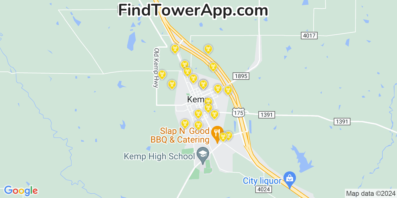 AT&T 4G/5G cell tower coverage map Kemp, Texas