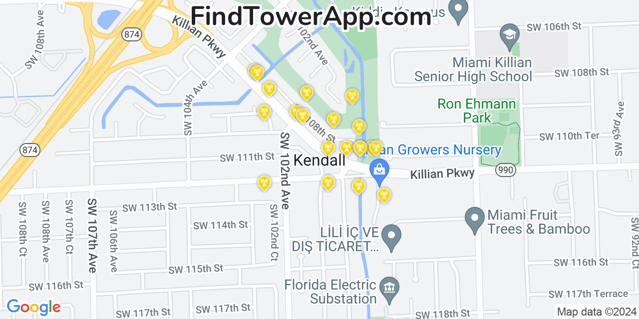 AT&T 4G/5G cell tower coverage map Kendall, Florida