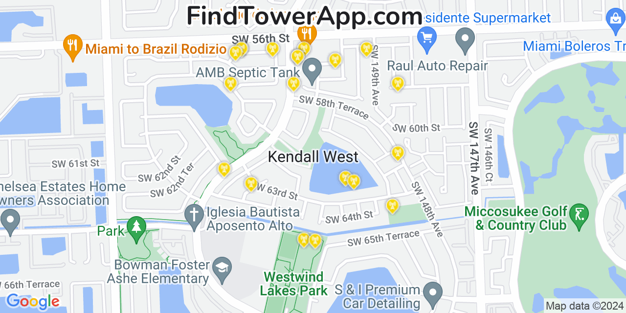 Verizon 4G/5G cell tower coverage map Kendall West, Florida