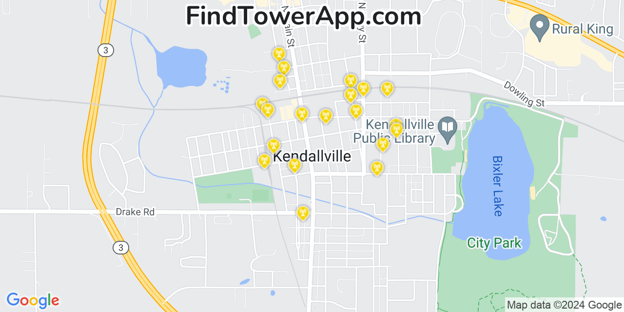 AT&T 4G/5G cell tower coverage map Kendallville, Indiana