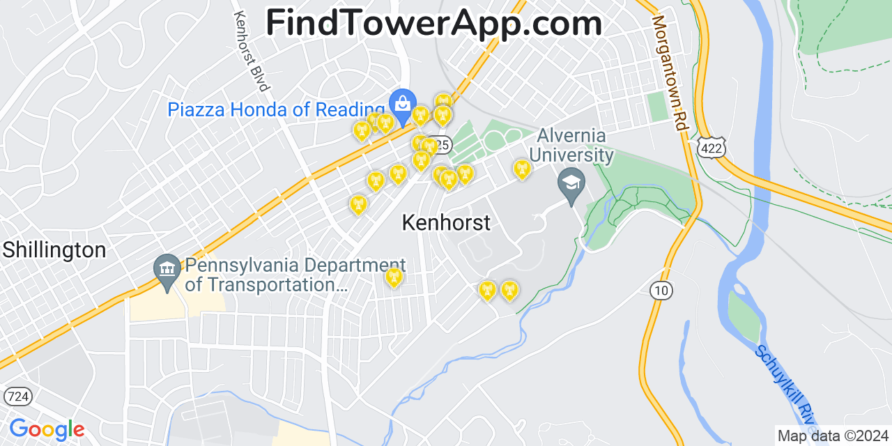 AT&T 4G/5G cell tower coverage map Kenhorst, Pennsylvania