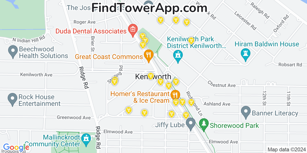 AT&T 4G/5G cell tower coverage map Kenilworth, Illinois