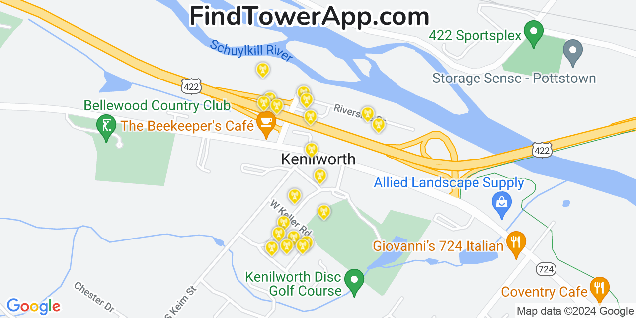 AT&T 4G/5G cell tower coverage map Kenilworth, Pennsylvania