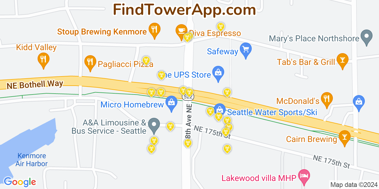 AT&T 4G/5G cell tower coverage map Kenmore, Washington