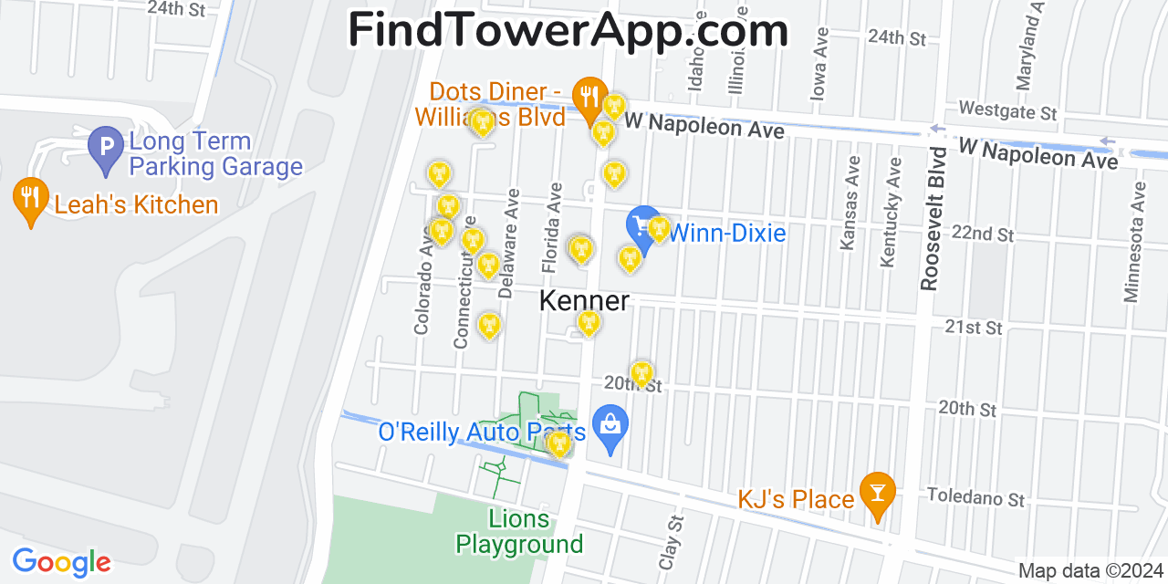AT&T 4G/5G cell tower coverage map Kenner, Louisiana