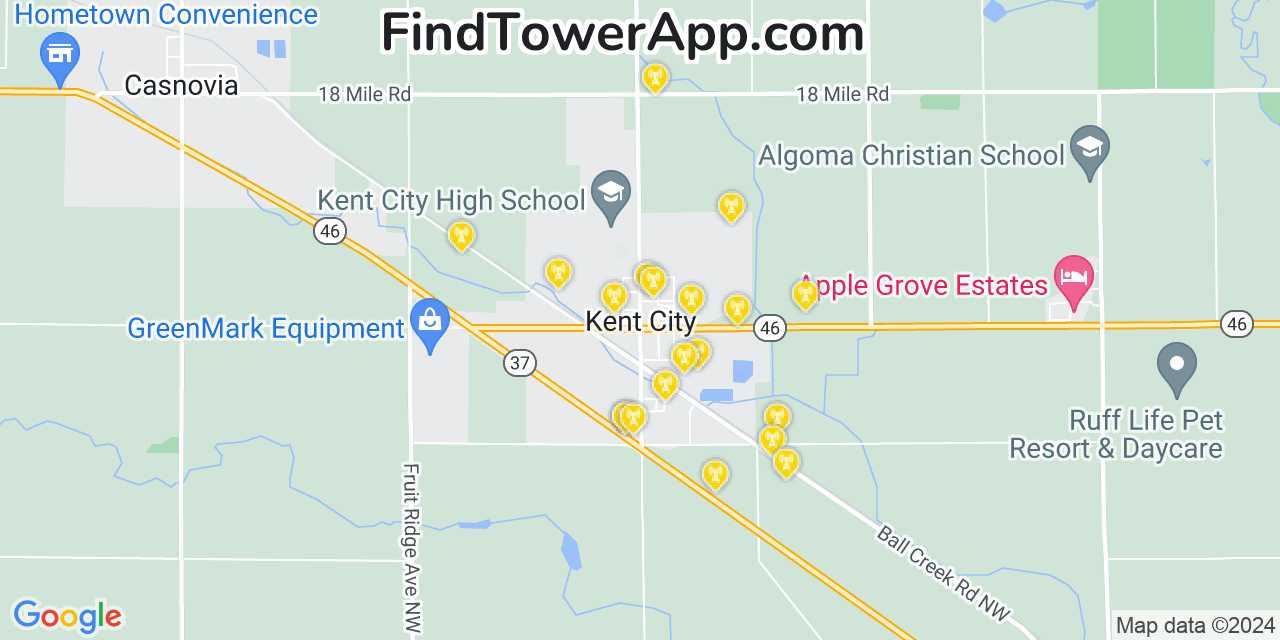 Verizon 4G/5G cell tower coverage map Kent City, Michigan
