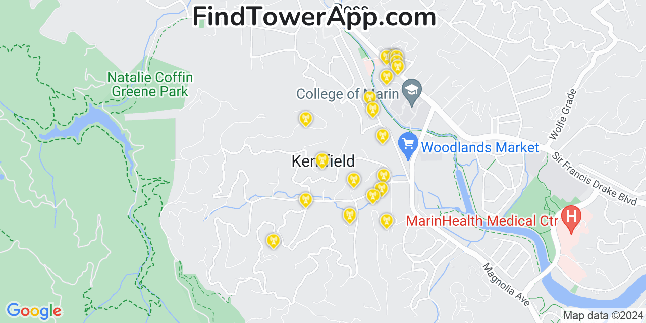 AT&T 4G/5G cell tower coverage map Kentfield, California