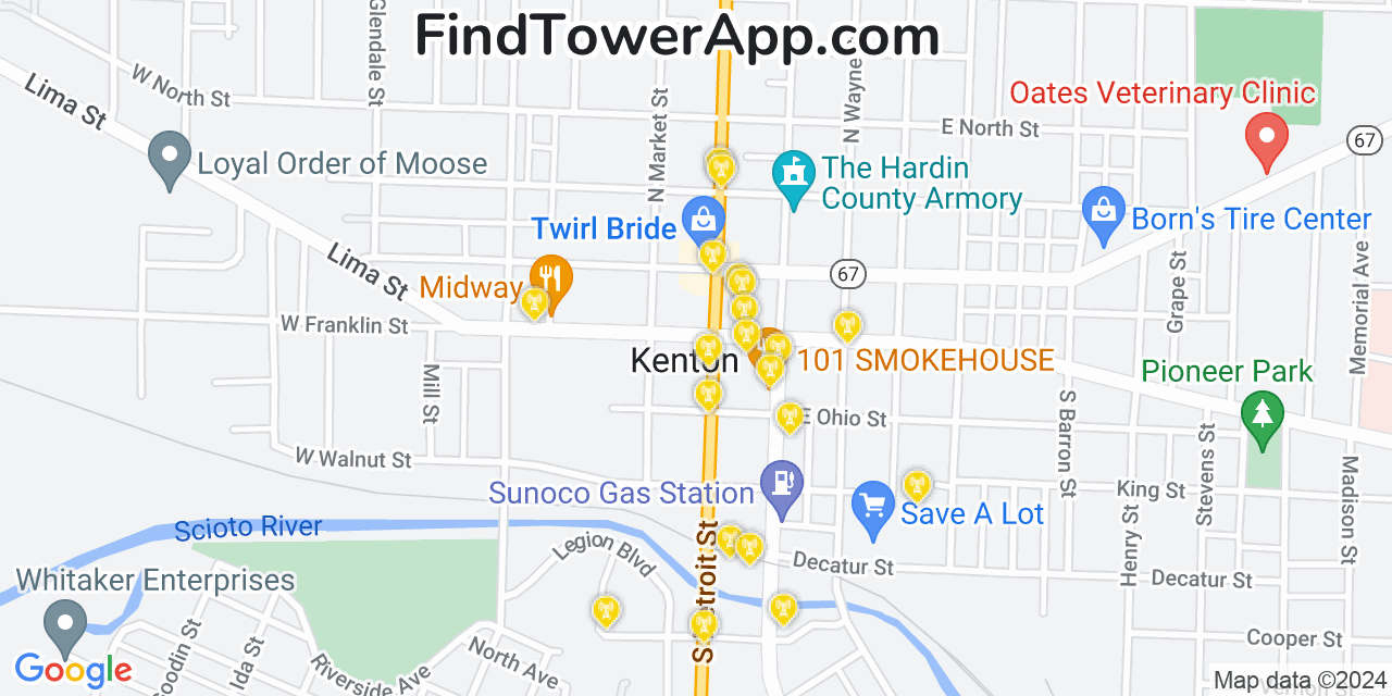 AT&T 4G/5G cell tower coverage map Kenton, Ohio