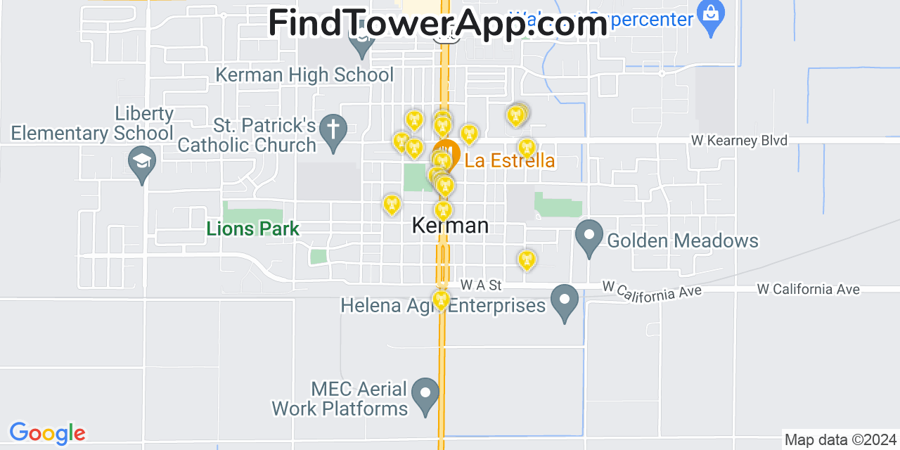 AT&T 4G/5G cell tower coverage map Kerman, California