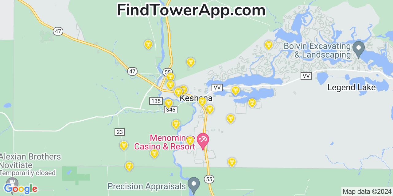Verizon 4G/5G cell tower coverage map Keshena, Wisconsin