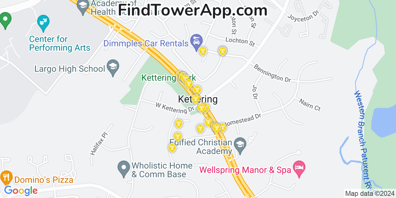 AT&T 4G/5G cell tower coverage map Kettering, Maryland