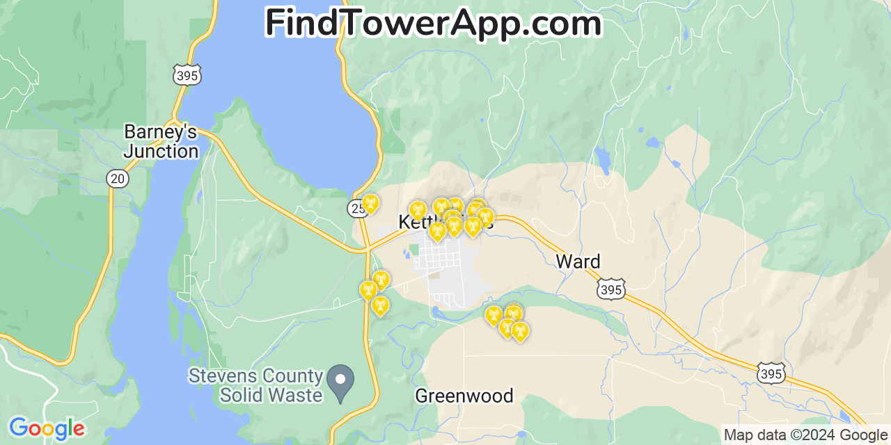 Verizon 4G/5G cell tower coverage map Kettle Falls, Washington