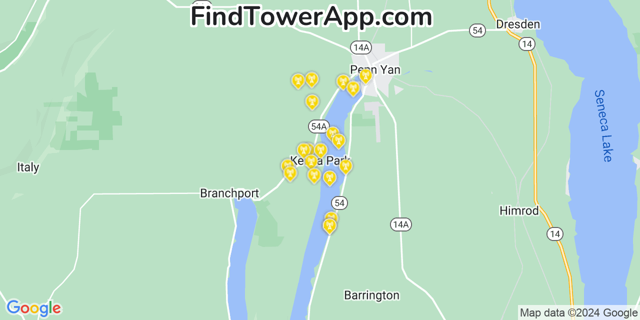 AT&T 4G/5G cell tower coverage map Keuka Park, New York