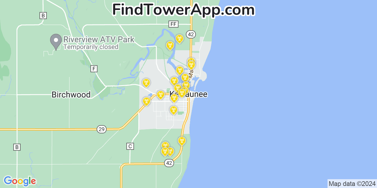 AT&T 4G/5G cell tower coverage map Kewaunee, Wisconsin