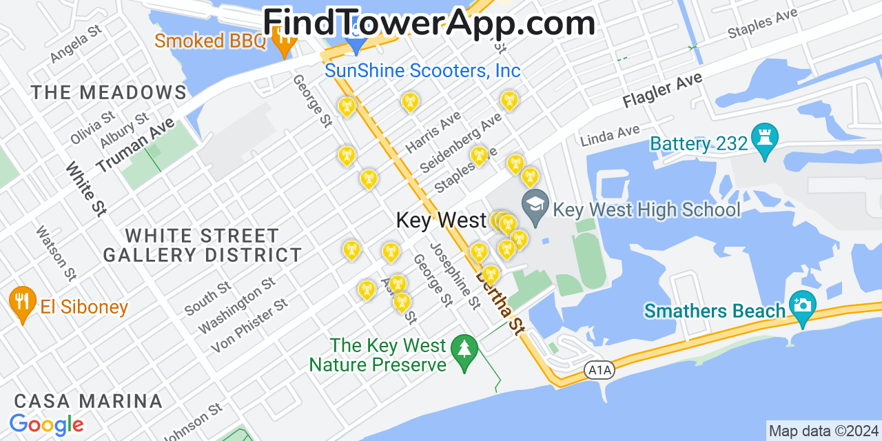 AT&T 4G/5G cell tower coverage map Key West, Florida