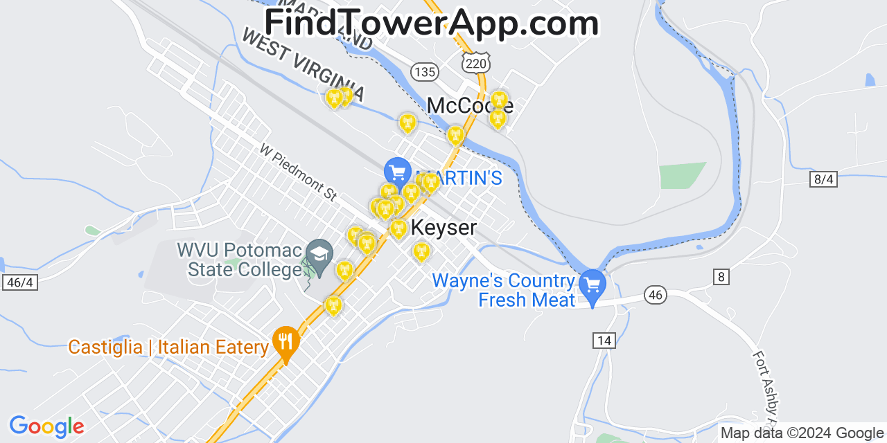 AT&T 4G/5G cell tower coverage map Keyser, West Virginia