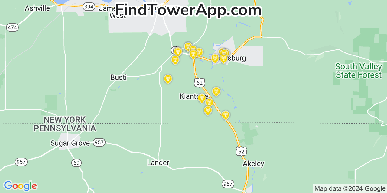 AT&T 4G/5G cell tower coverage map Kiantone, New York