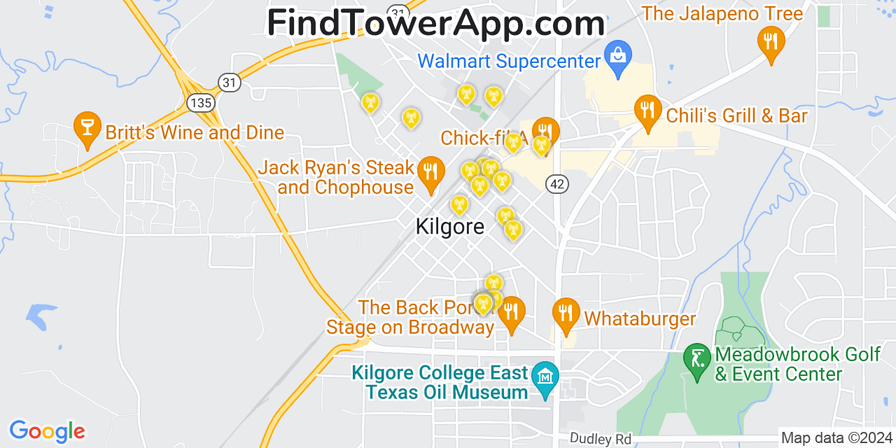 AT&T 4G/5G cell tower coverage map Kilgore, Texas
