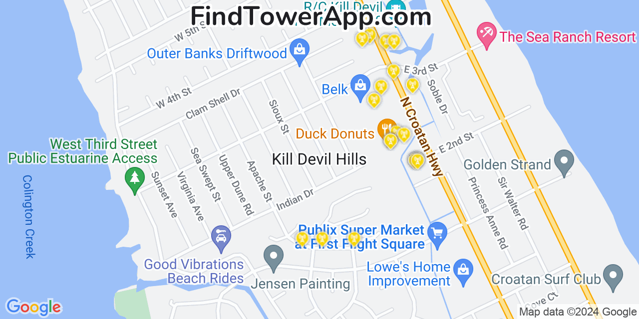 AT&T 4G/5G cell tower coverage map Kill Devil Hills, North Carolina