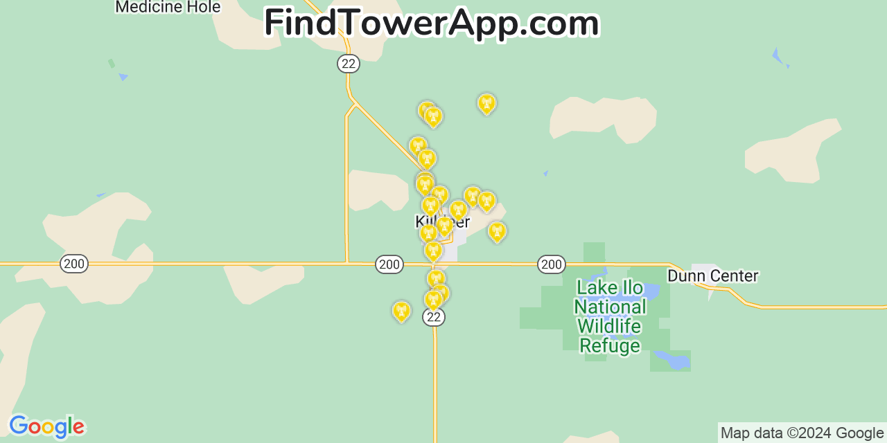 AT&T 4G/5G cell tower coverage map Killdeer, North Dakota