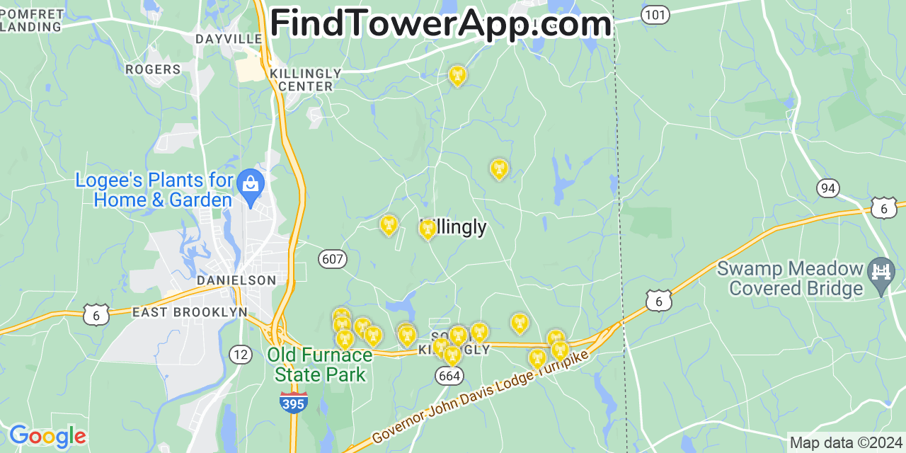 AT&T 4G/5G cell tower coverage map Killingly Center, Connecticut