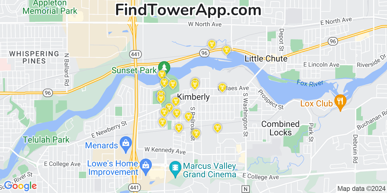 AT&T 4G/5G cell tower coverage map Kimberly, Wisconsin