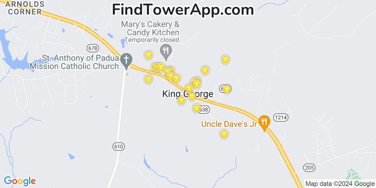 AT&T 4G/5G cell tower coverage map King George, Virginia