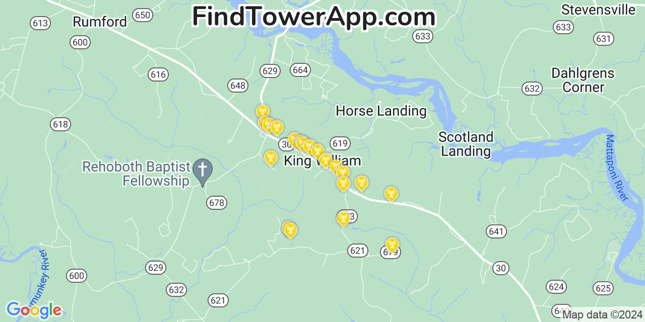 AT&T 4G/5G cell tower coverage map King William, Virginia