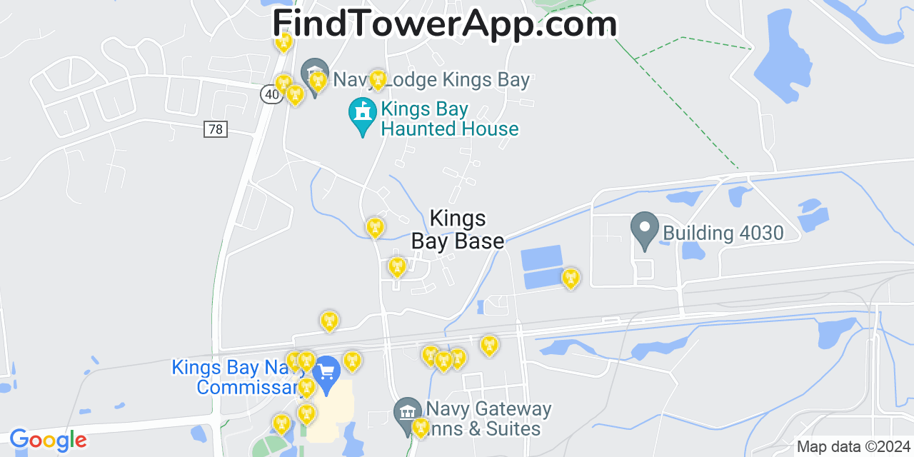 AT&T 4G/5G cell tower coverage map Kings Bay Base, Georgia