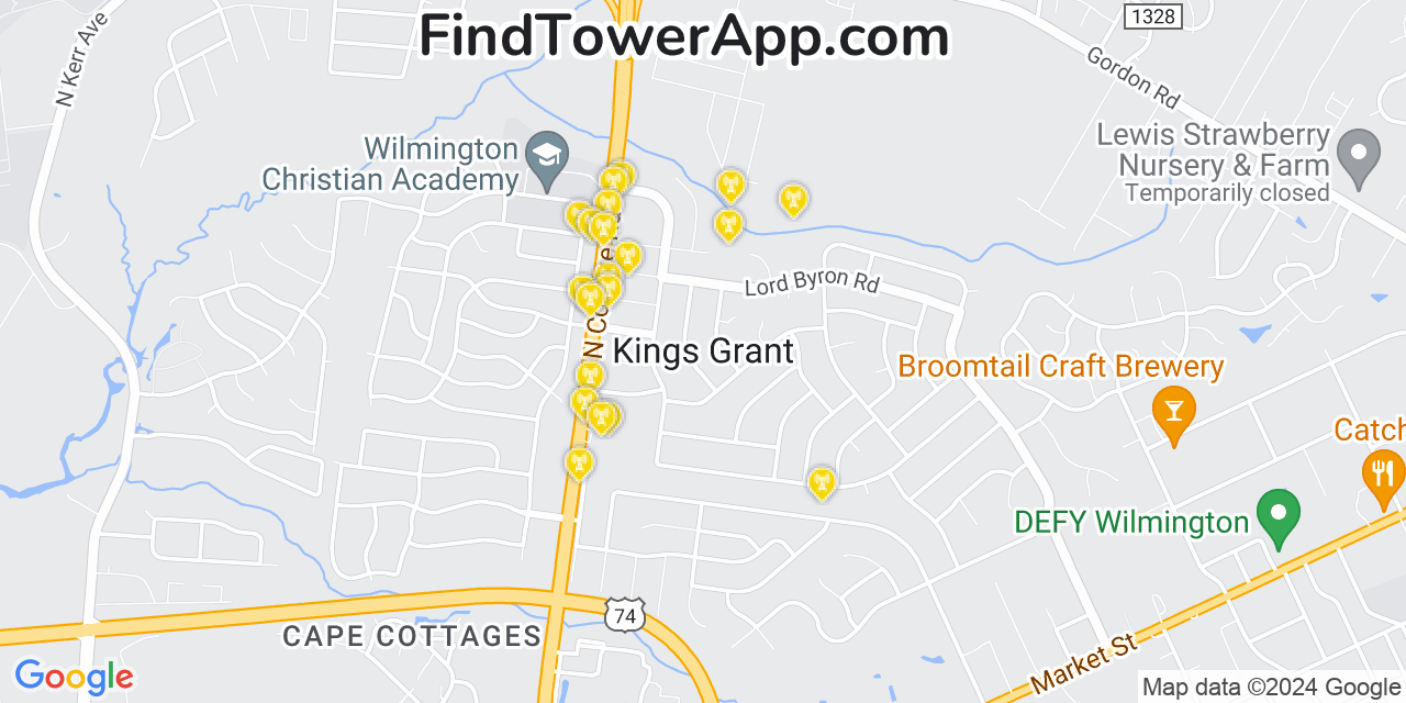 AT&T 4G/5G cell tower coverage map Kings Grant, North Carolina