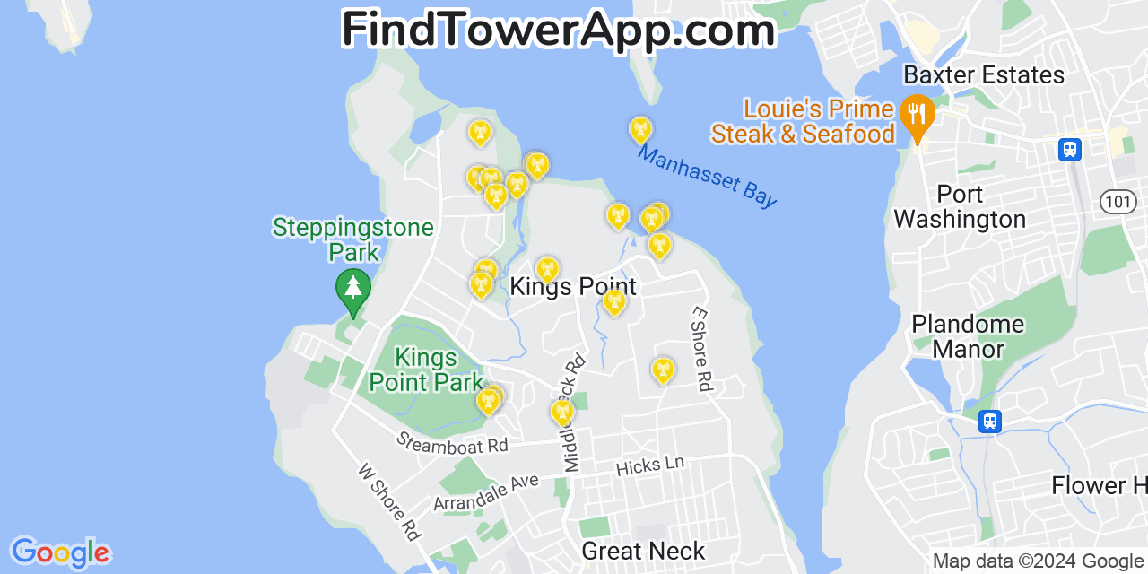 AT&T 4G/5G cell tower coverage map Kings Point, New York