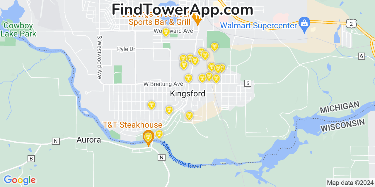 AT&T 4G/5G cell tower coverage map Kingsford, Michigan