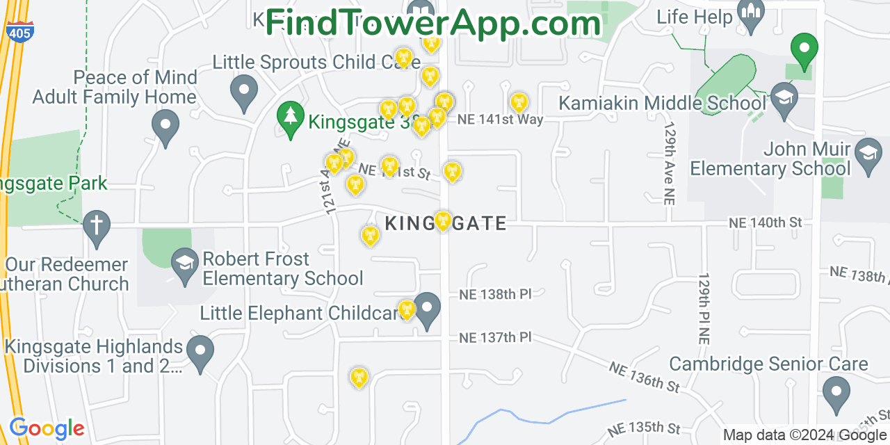 AT&T 4G/5G cell tower coverage map Kingsgate, Washington