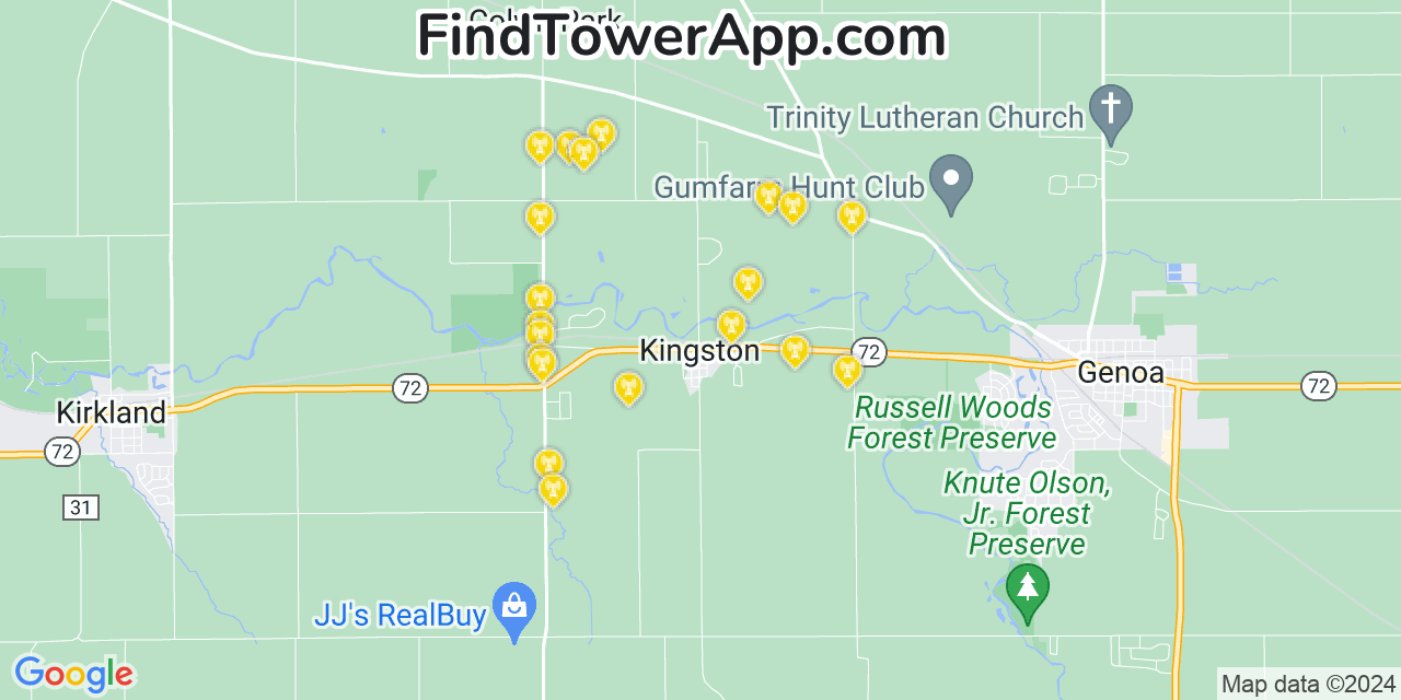 Verizon 4G/5G cell tower coverage map Kingston, Illinois