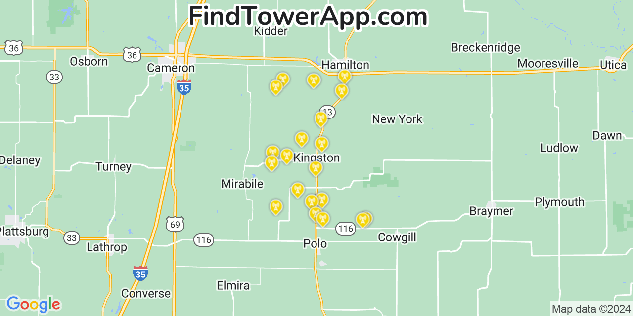 Verizon 4G/5G cell tower coverage map Kingston, Missouri