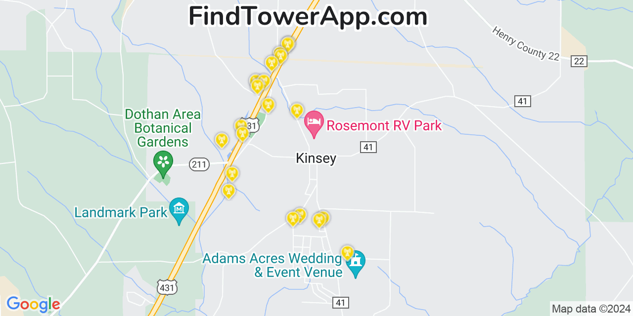 AT&T 4G/5G cell tower coverage map Kinsey, Alabama