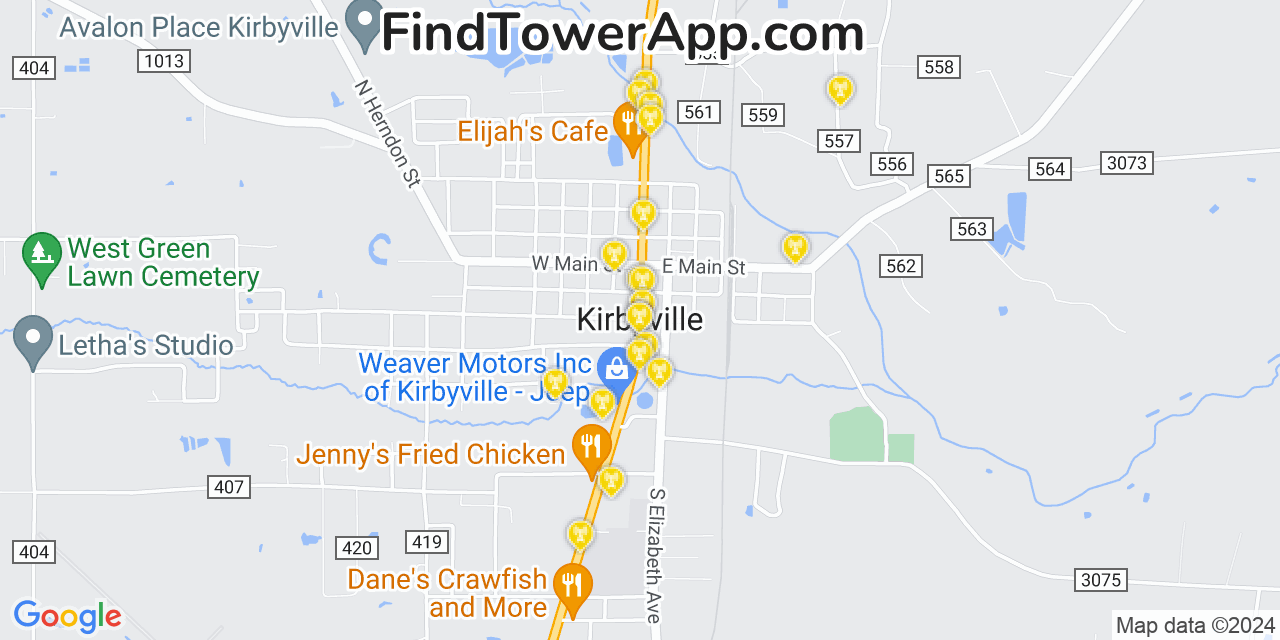 AT&T 4G/5G cell tower coverage map Kirbyville, Texas