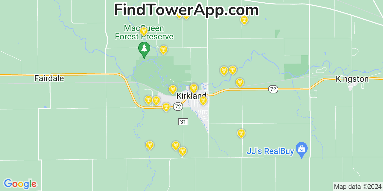 Verizon 4G/5G cell tower coverage map Kirkland, Illinois