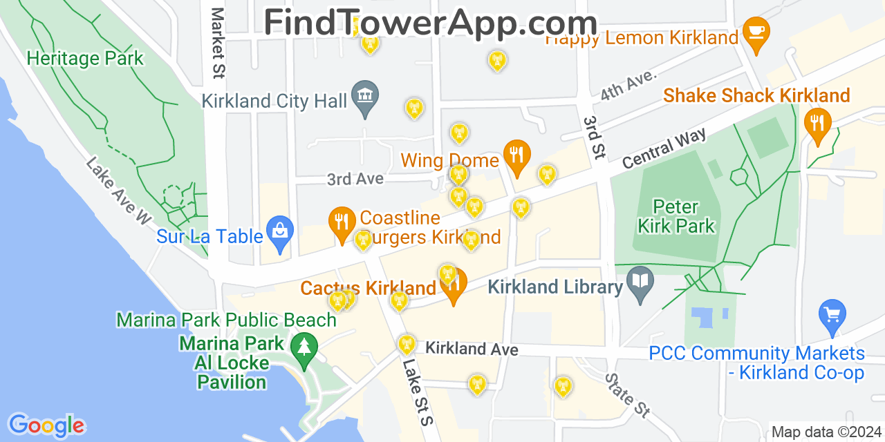 AT&T 4G/5G cell tower coverage map Kirkland, Washington